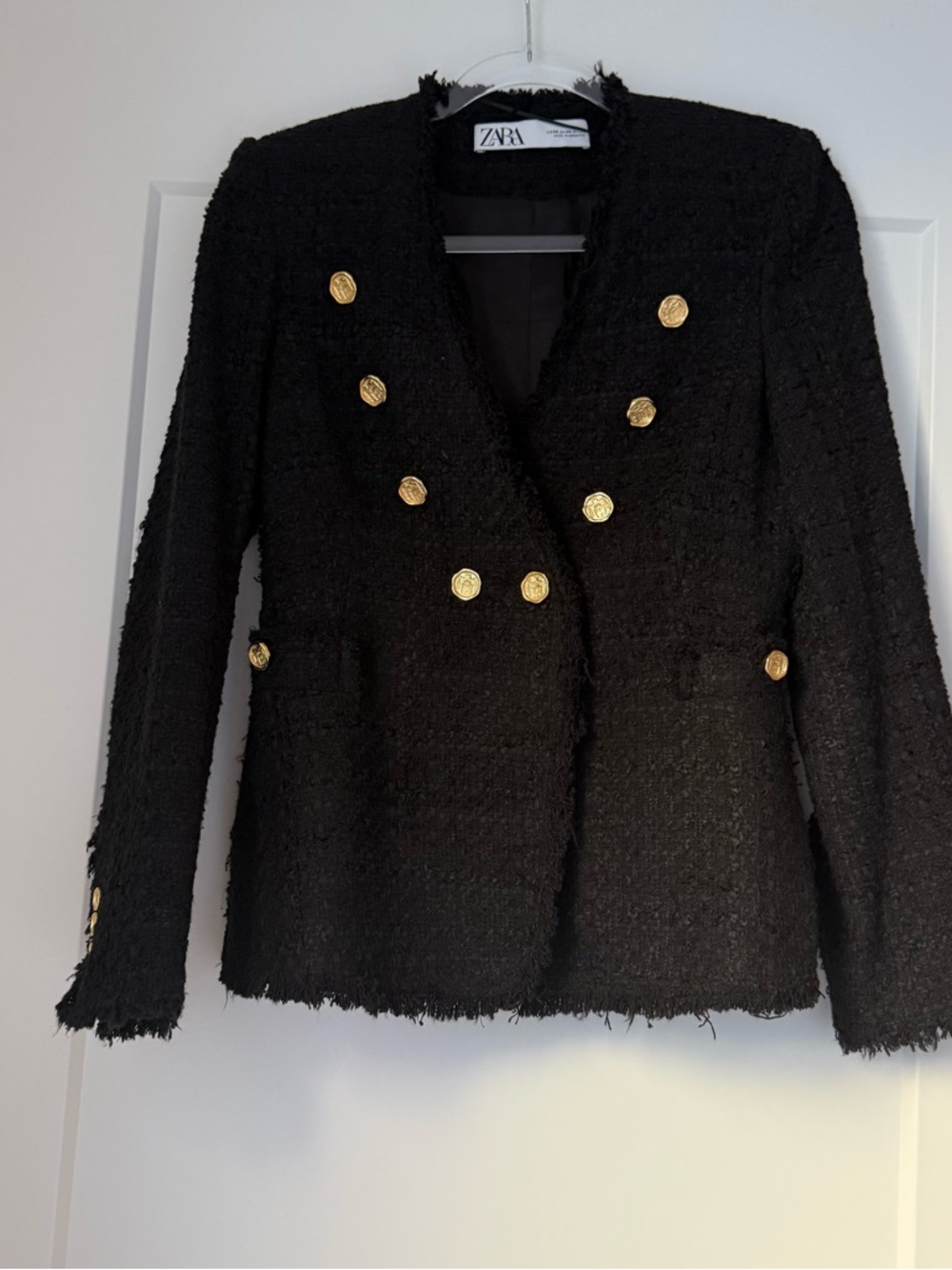 Zara Black Tweed Double-Breasted Blazer with Gold Buttons